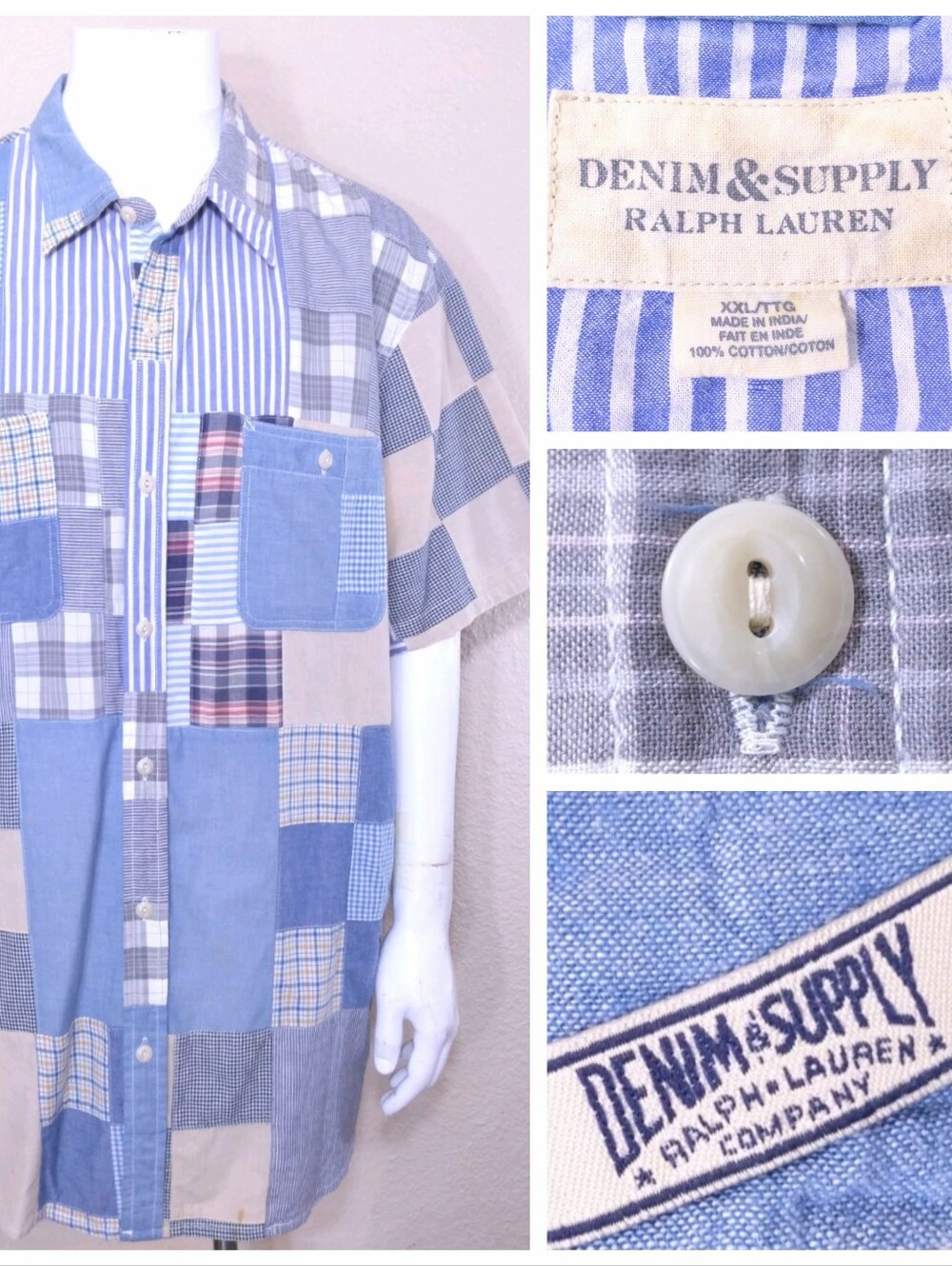 DENIM & SUPPLY RALPH LAUREN Short Sleeve Button Up XXL Quilt PATCHWORK 2XL Mens